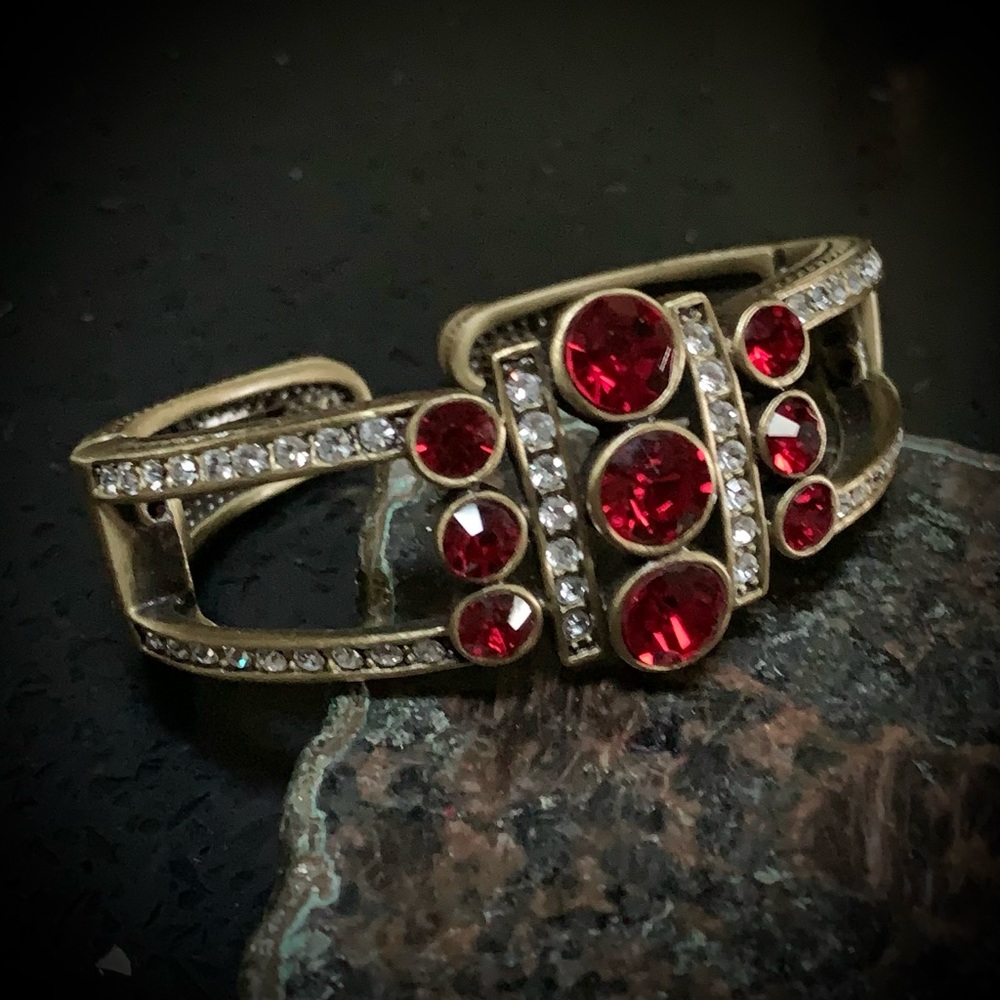 Heidi Daus Sparkly Red Crystal Brass Clamp Vintage Bracelet - Picture 3 of 14